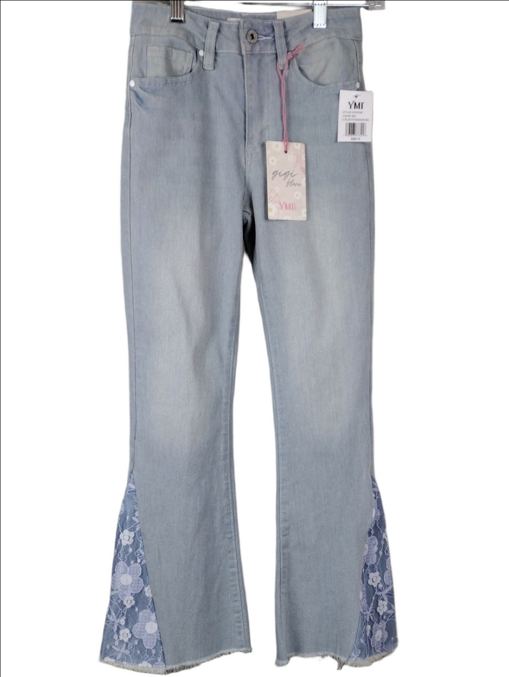 YMI Girl Gigi Flare Blue Light Potassium Wash High Rise Lace Raw Hem Denim Jean